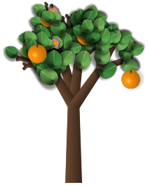 A stylized orange tree with a full green canopy and ripe oranges